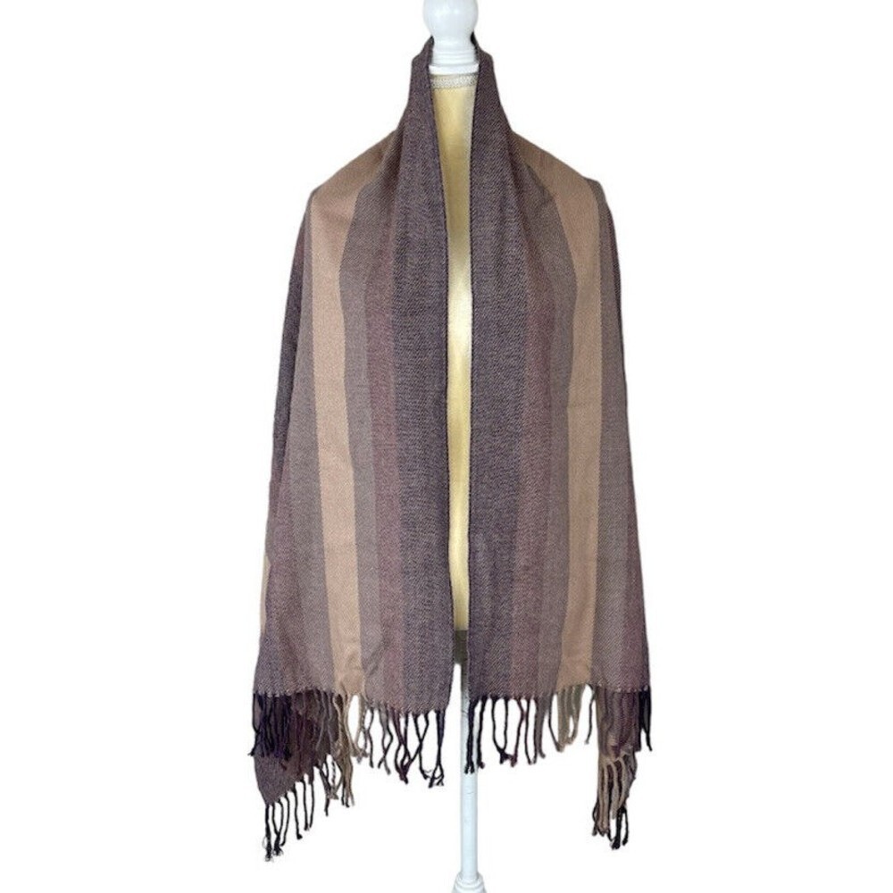 Scarf Pashmina Style Brown Multicolored Stripes Fringe  66” x 27"